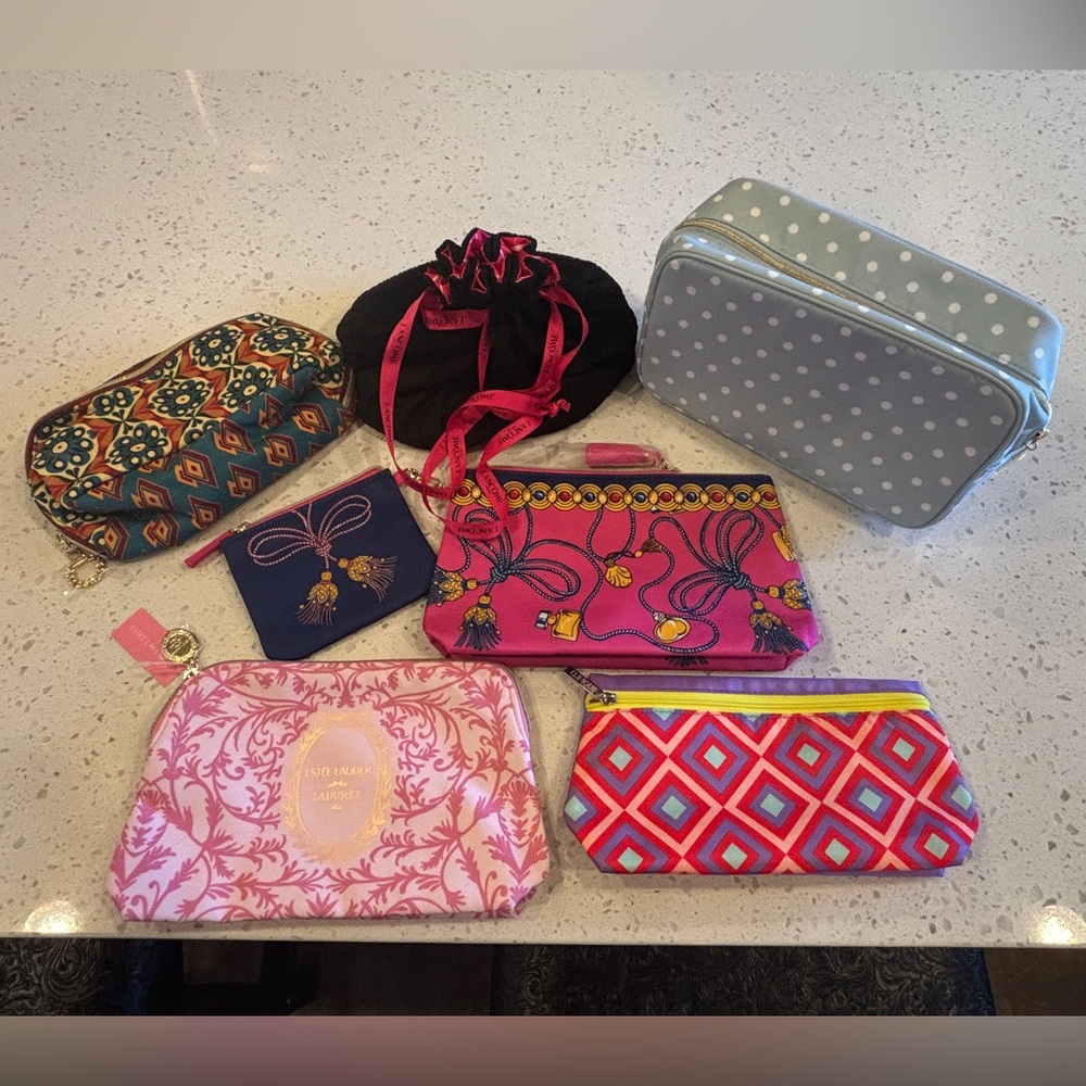 Lancôme, Estée Lauder has Cosmetic Bags Set - Pink, Blue, Black.  7pc lot. NEW